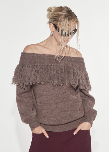 TAUPE SHIRT WITH SCHIFFER NECK AND FRINGES