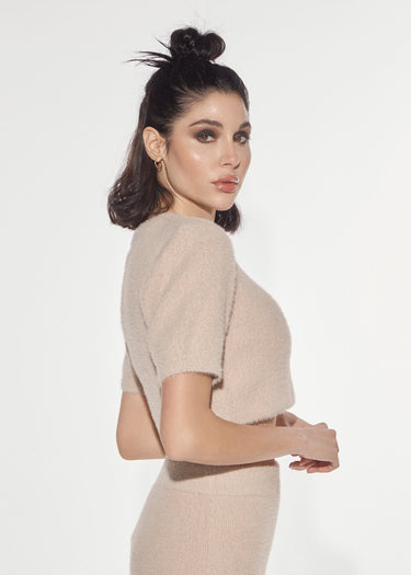 T-SHIRT CROPPED IN MAGLIA PUNTO PELLICCIA SAND