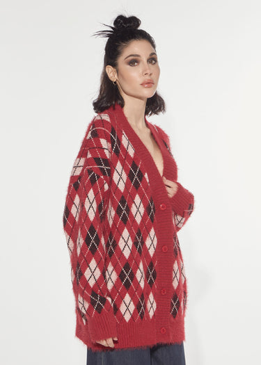 OVERSIZED ARGYLE JACQUARD KNIT CARDIGAN PINK&GREY