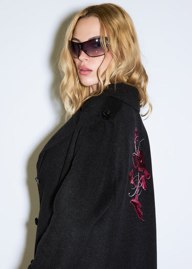 CAPPOTTO LUNGO IN TESSUTO SPINATO RICAMO ROSE BLACK