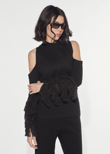 HIGH-NECK SWEATER WITH CUT-OUT AND FRINGE BLACK