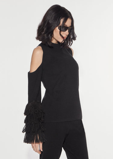 HIGH-NECK SWEATER WITH CUT-OUT AND FRINGE BLACK