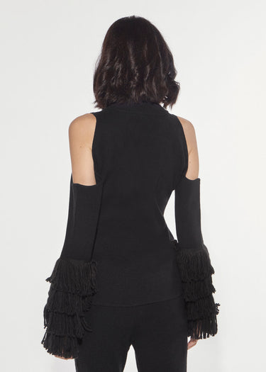 HIGH-NECK SWEATER WITH CUT-OUT AND FRINGE BLACK