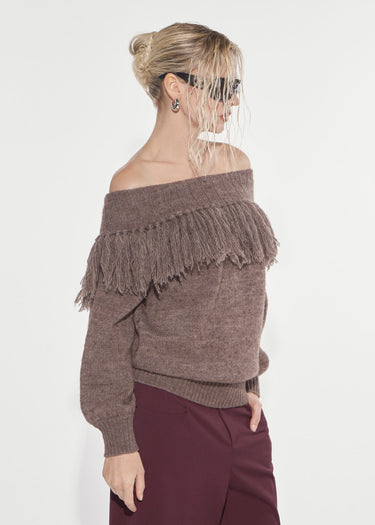TAUPE SHIRT WITH SCHIFFER NECK AND FRINGES