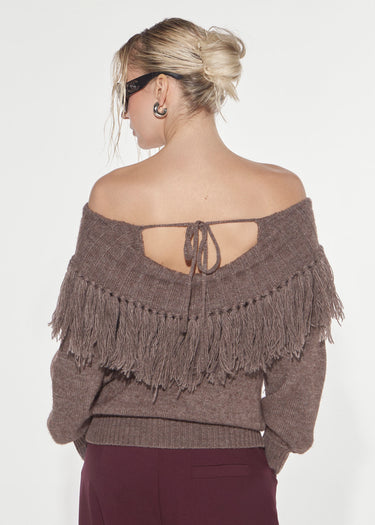 TAUPE SHIRT WITH SCHIFFER NECK AND FRINGES