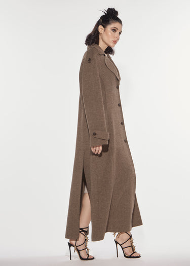 CAPPOTTO LUNGO IN TESSUTO SPINATO RICAMO ROSE TAUPE