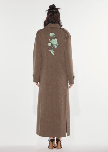 CAPPOTTO LUNGO IN TESSUTO SPINATO RICAMO ROSE TAUPE