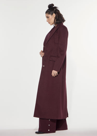 RED WINE HOURGLASS WOOL BLEND LONG COAT
