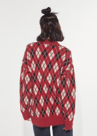 OVERSIZED ARGYLE JACQUARD KNIT CARDIGAN PINK&GREY