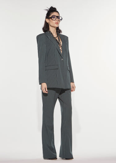 DARK GREEN PINSTRIPE SINGLE-BREASTED OVERSIZE BLAZER