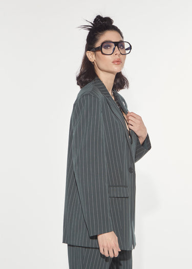 DARK GREEN PINSTRIPE SINGLE-BREASTED OVERSIZE BLAZER