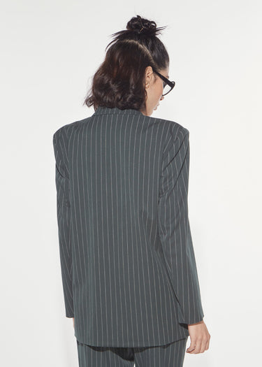 DARK GREEN PINSTRIPE SINGLE-BREASTED OVERSIZE BLAZER