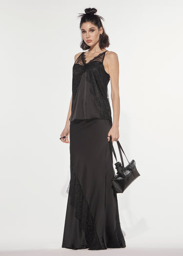 GONNA LUNGA A SIRENA IN RASO E PIZZO BLACK