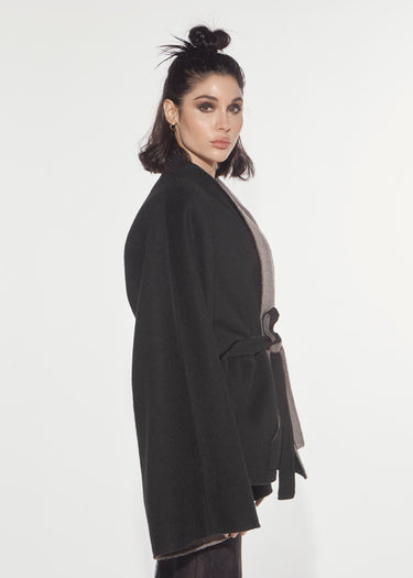 GREY-BLACK DOUBLE-FACED WOOL BLEND KIMONO CABAN
