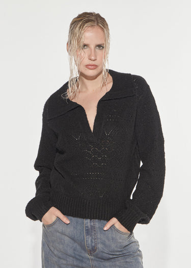 MAGLIA PUNTO PIZZO CON SCOLLO A POLO BLACK