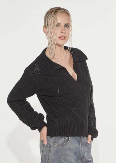 MAGLIA PUNTO PIZZO CON SCOLLO A POLO BLACK