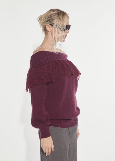 CHERRY WINE FRINGED SHIFFER COLLAR SWEATER