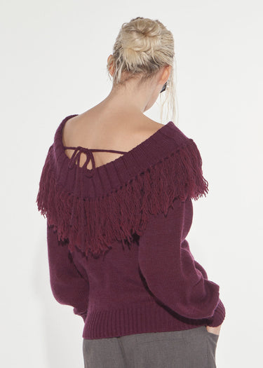 CHERRY WINE FRINGED SHIFFER COLLAR SWEATER