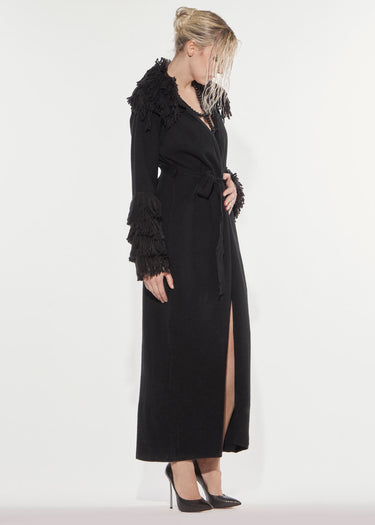 FRINGED KNITTED COAT BLACK
