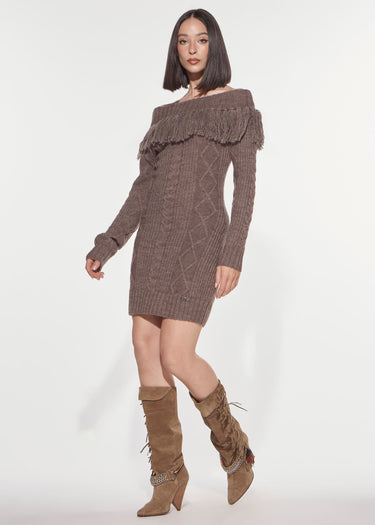 ABITO LONGUETTE IN MAGLIA CON FRANGE TAUPE