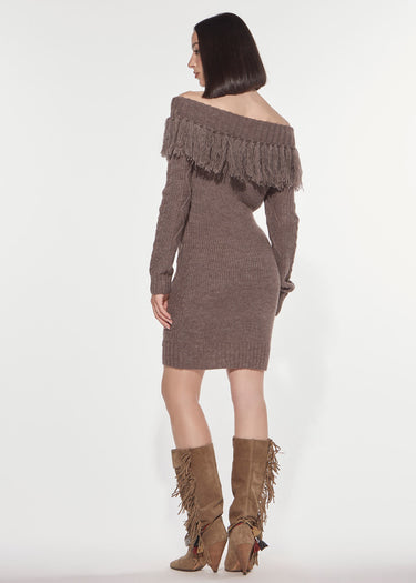 ABITO LONGUETTE IN MAGLIA CON FRANGE TAUPE