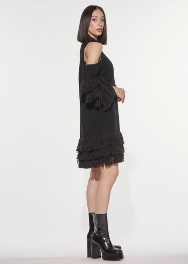 ABITO CORTO IN MAGLIA CON FRANGE BLACK