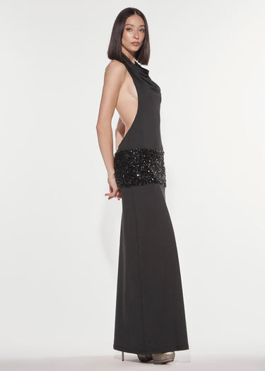 ABITO LUNGO IN JERSEY CON PAILLETTES BLACK