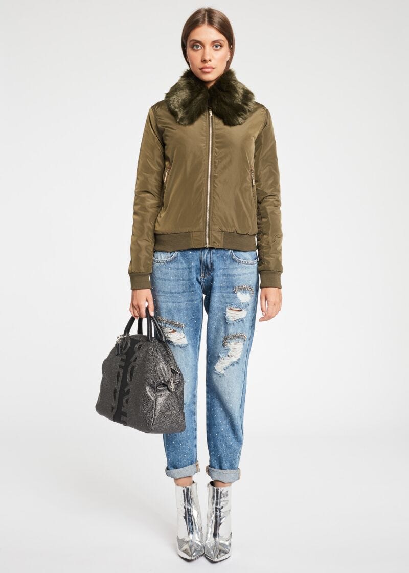 Bomber jacket with fur-effect collar