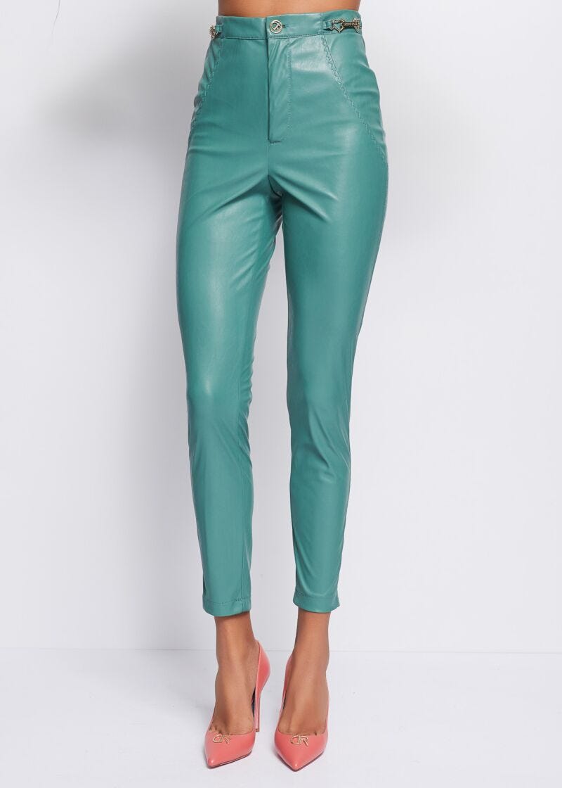 Faux-leather trousers with jewel accessory