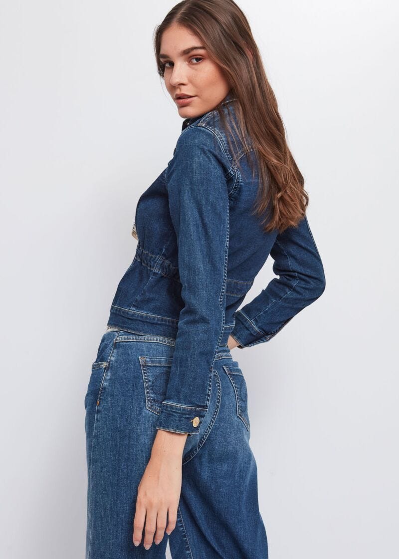 Denim jacket with drawstring