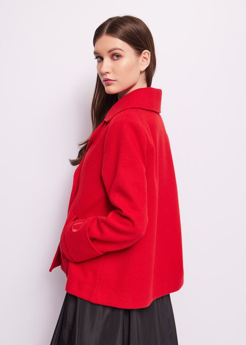Red double-breasted pea coat