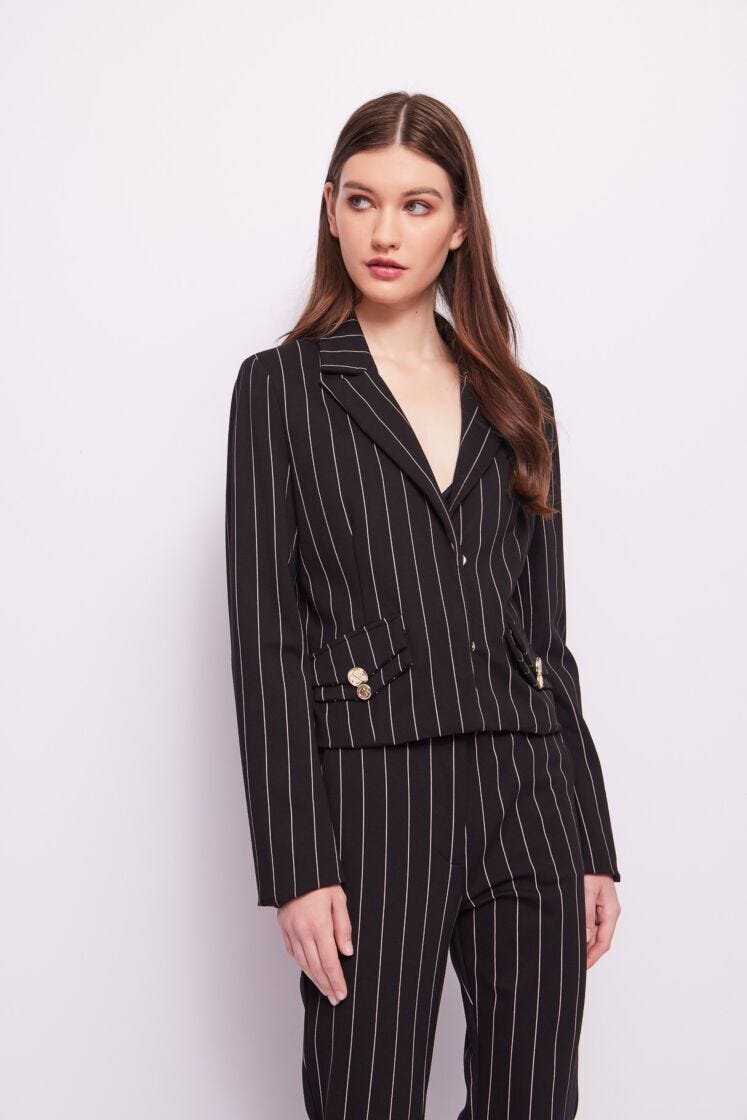 Black pinstripe jacket with buttons