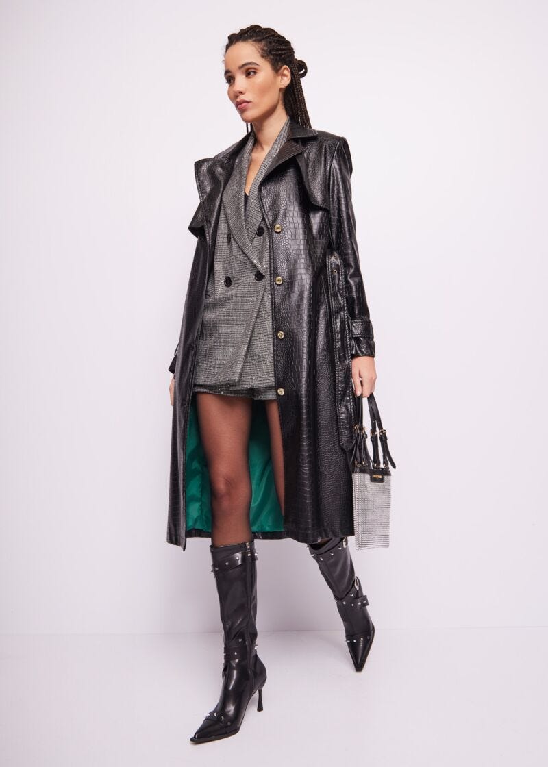 Snakeskin leatherette trench coat