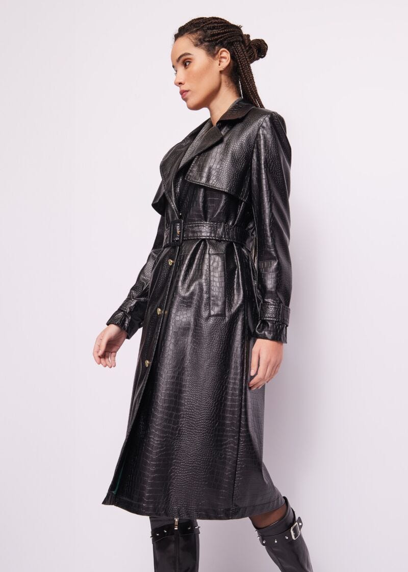 Snakeskin leatherette trench coat