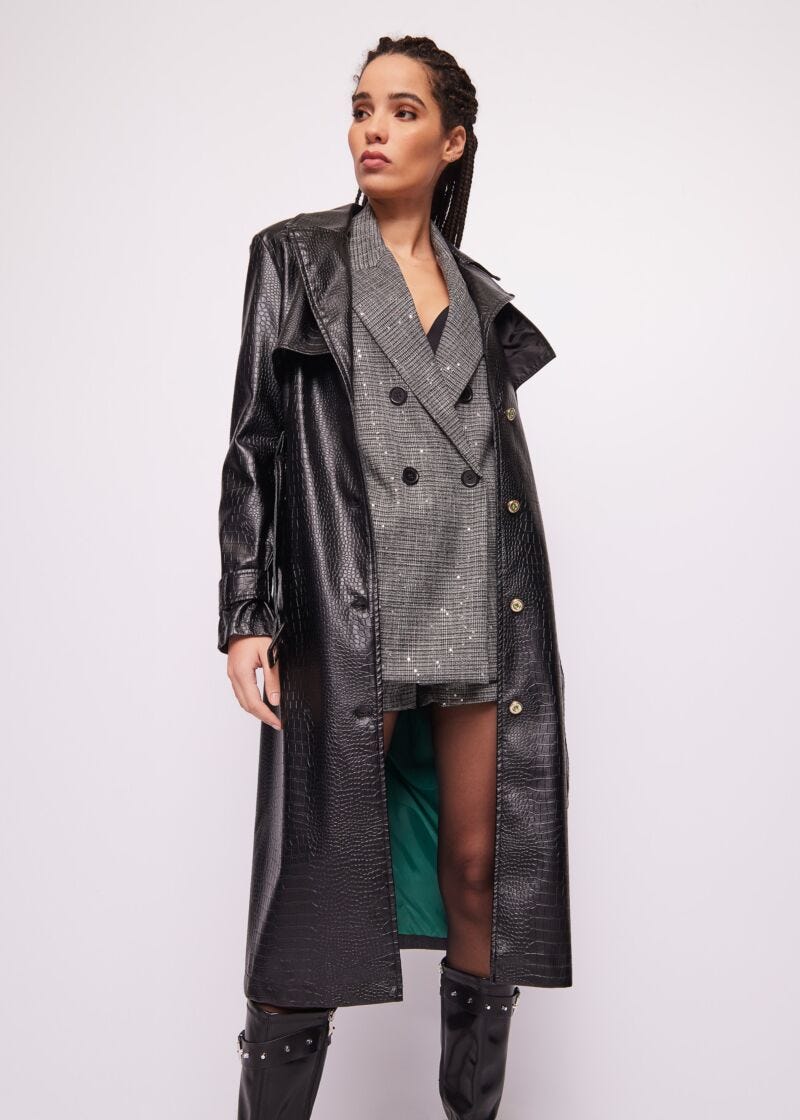Snakeskin leatherette trench coat
