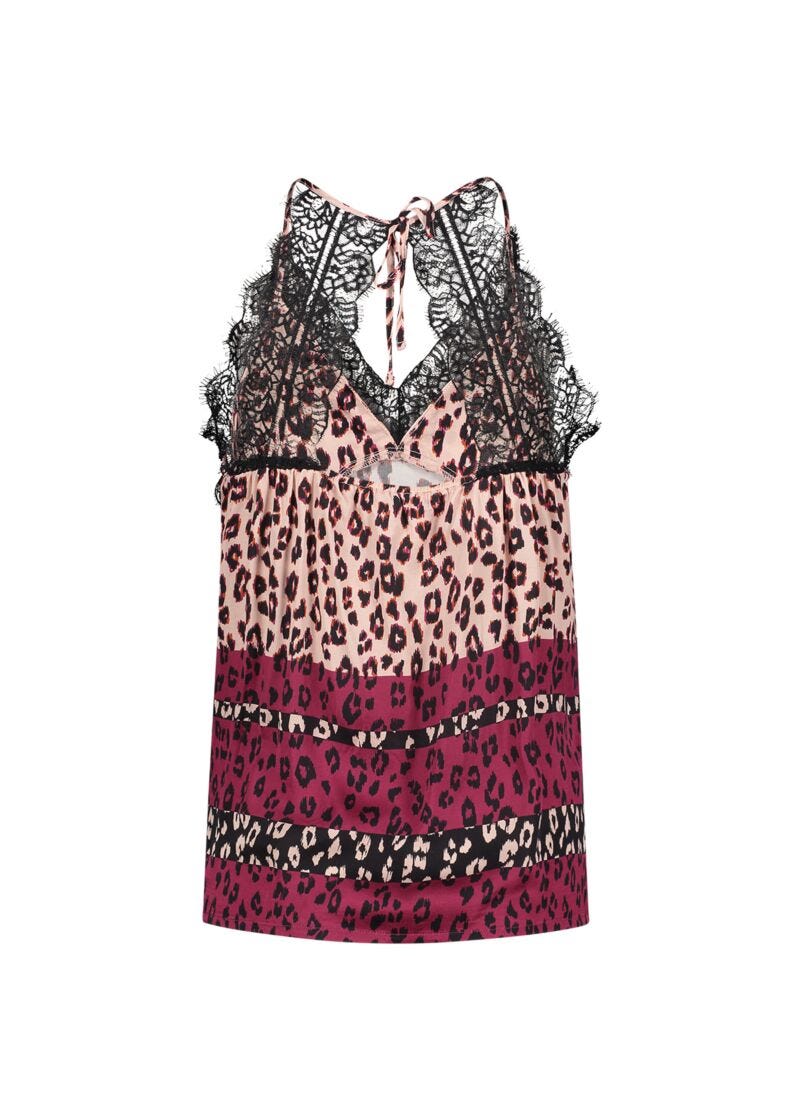 Printed satin top with lace