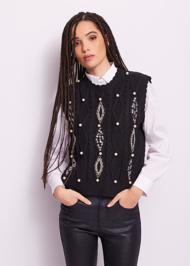 Knitted vest with rhinestones