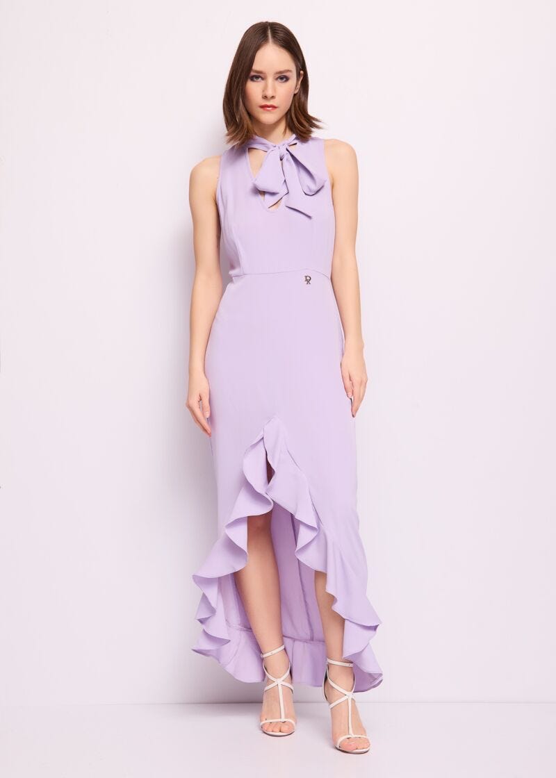 Vestido largo lila con volantes