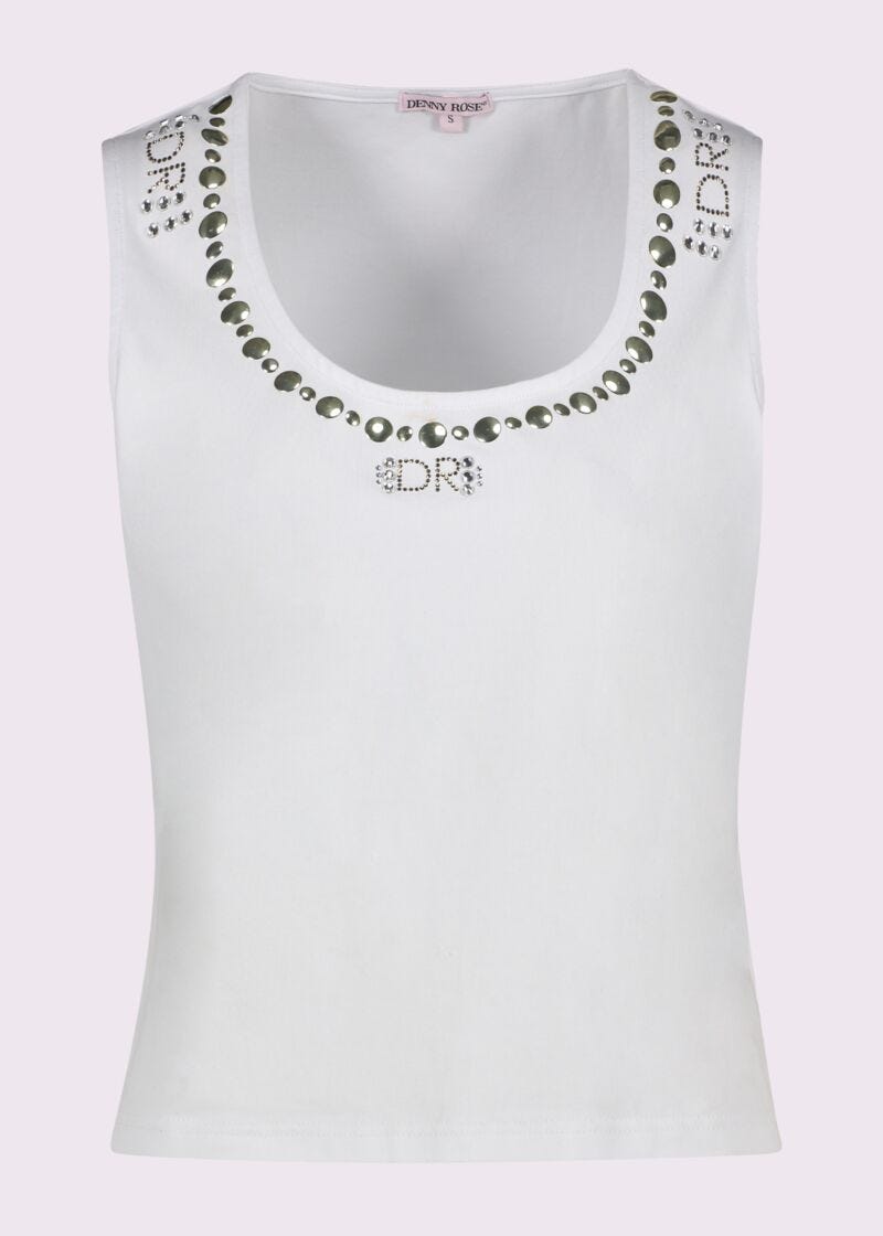 Top bianco in cotone con strass