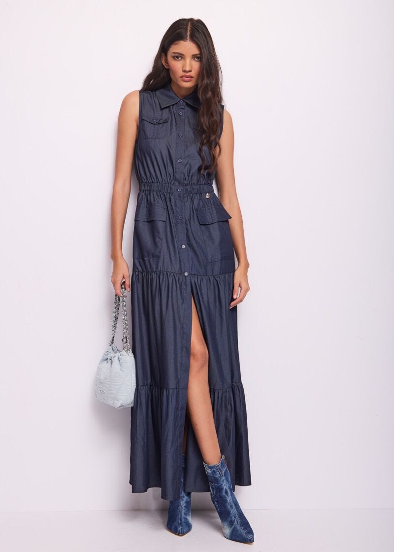 Abito lungo blu in chambray
