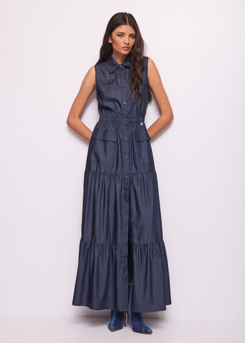 Abito lungo blu in chambray
