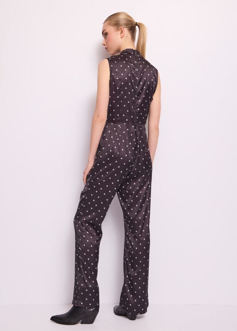 Black printed shiny satin jumpsuit