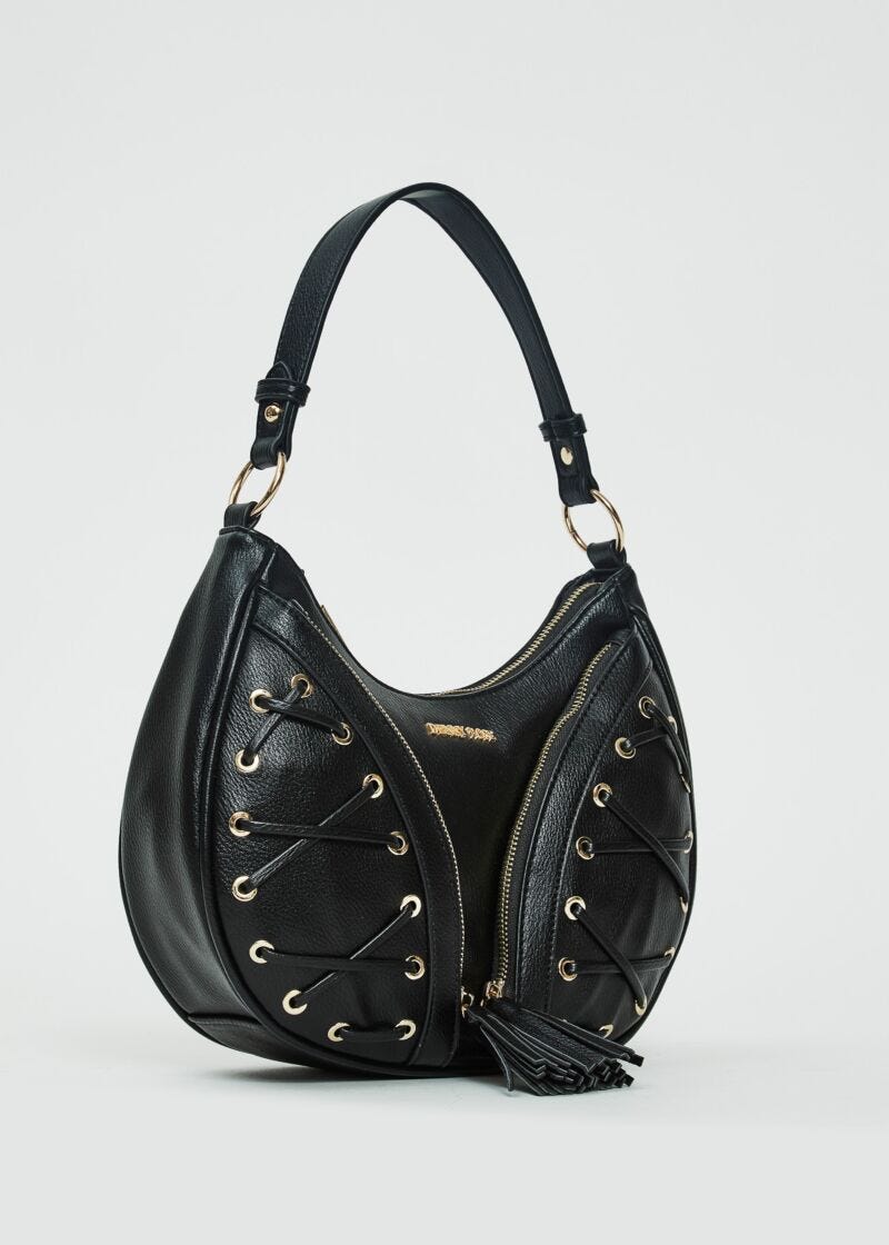 Borsa a spalla nera con laccetti