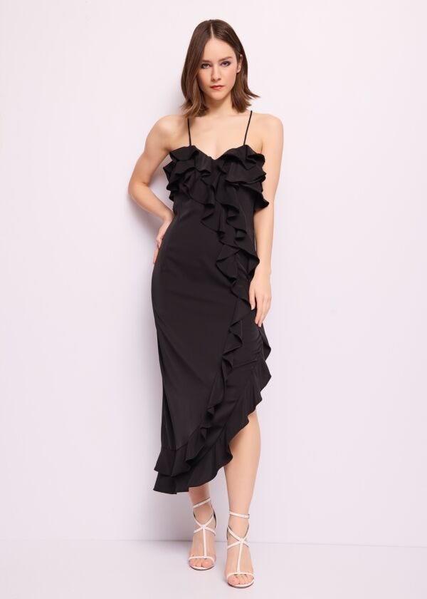 Abito lungo nero con rouches Denny Rose