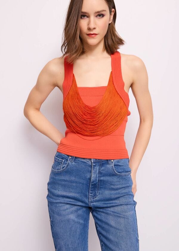 Orange knit top with fringes Denny Rose