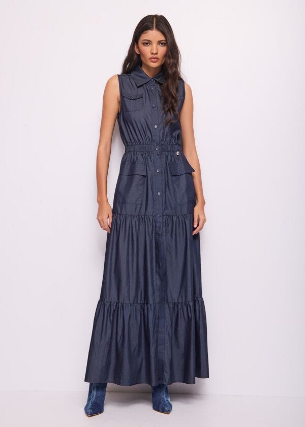 Abito lungo blu in chambray Denny Rose Jeans