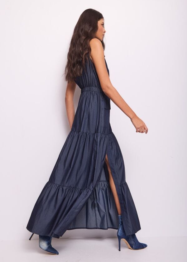 Abito lungo blu in chambray
