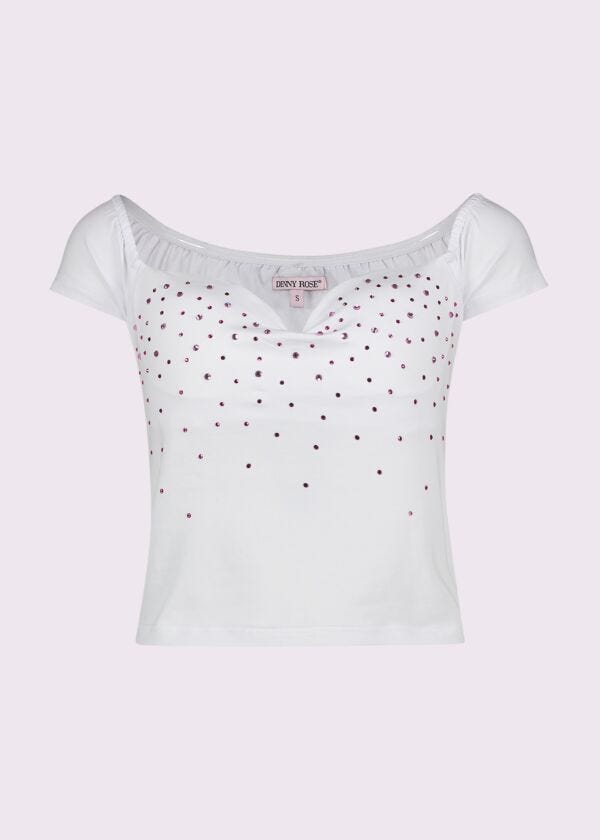 T-shirt bianca in cotone con strass Denny Rose
