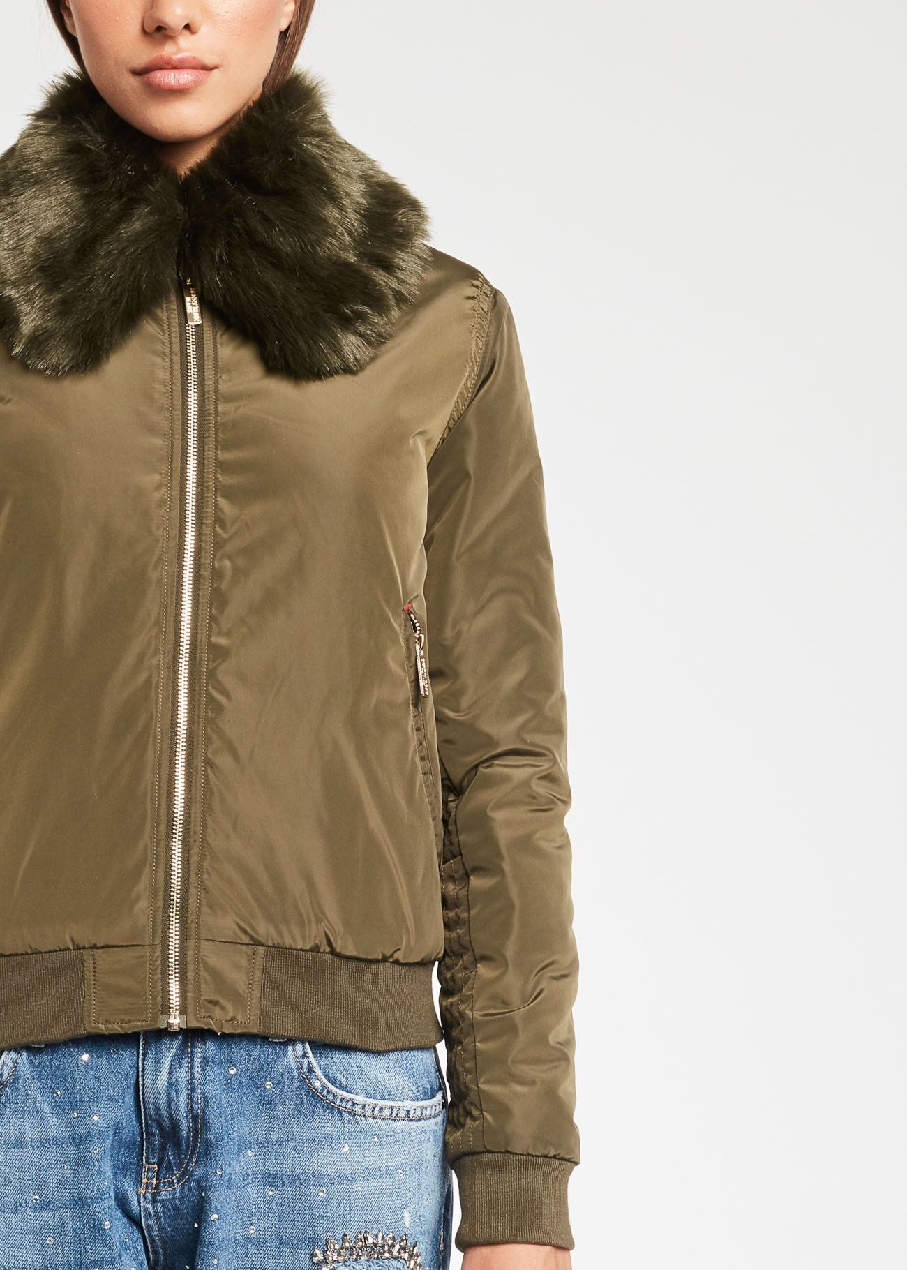 Bomber jacket with fur-effect collar