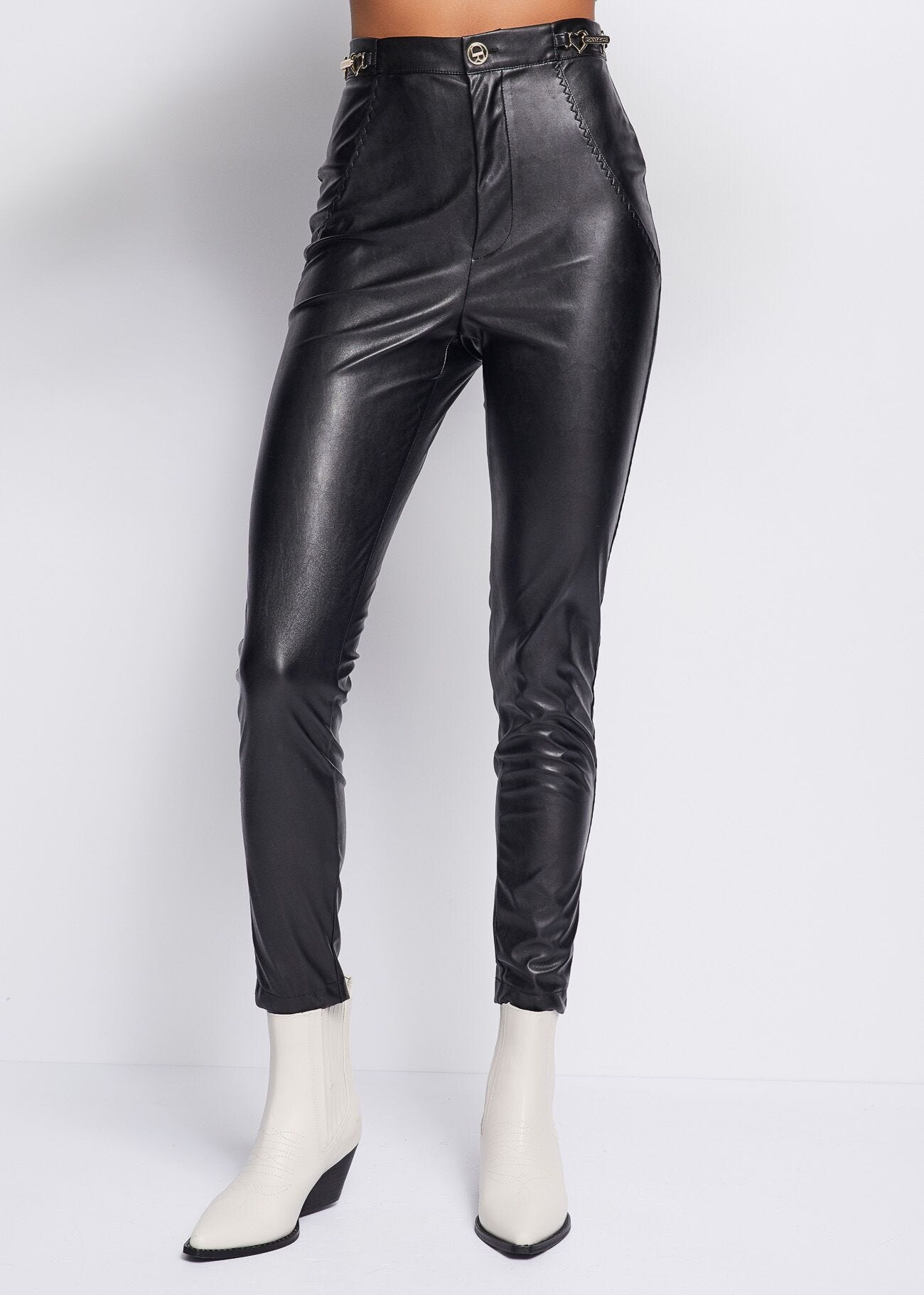 Faux-leather trousers with jewel accessory